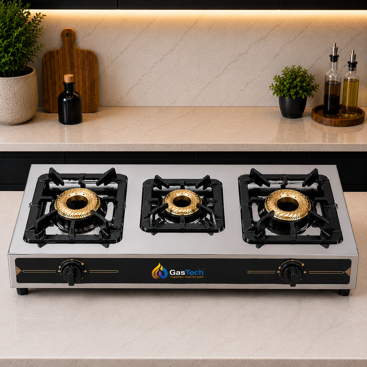 Crown Triple Burner Gas Stove by GasTech installed in a modern kitchen featuring a premium stainless steel body with three brass burners for everyday cooking in Pakistan.